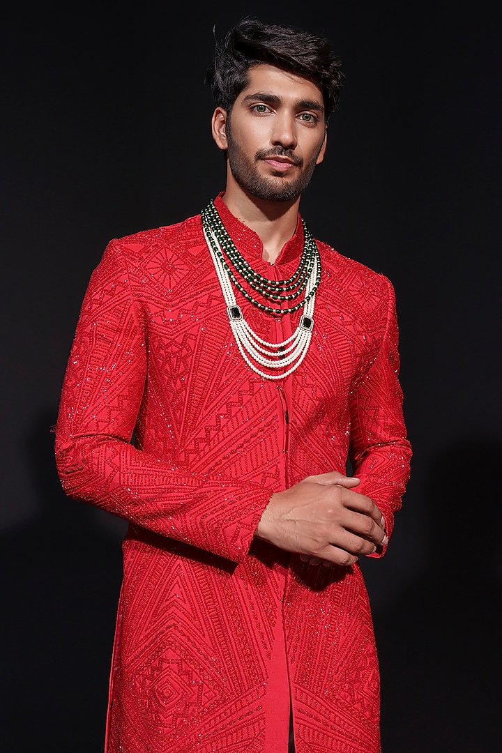 Red Silk Cutdana Hand Embroidered Wedding Sherwani Set by Niloufer by Aasif Ally Men at Pernia's Pop Up Shop