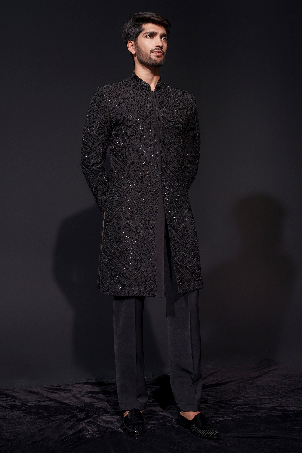 Niloufer by Aasif Ally Black Silk Cutdana Hand Embroidered Sherwani Set