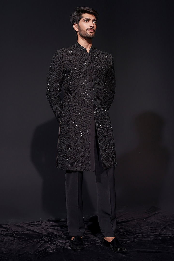 Black Silk Cutdana Hand Embroidered Sherwani Set by Niloufer by Aasif Ally
