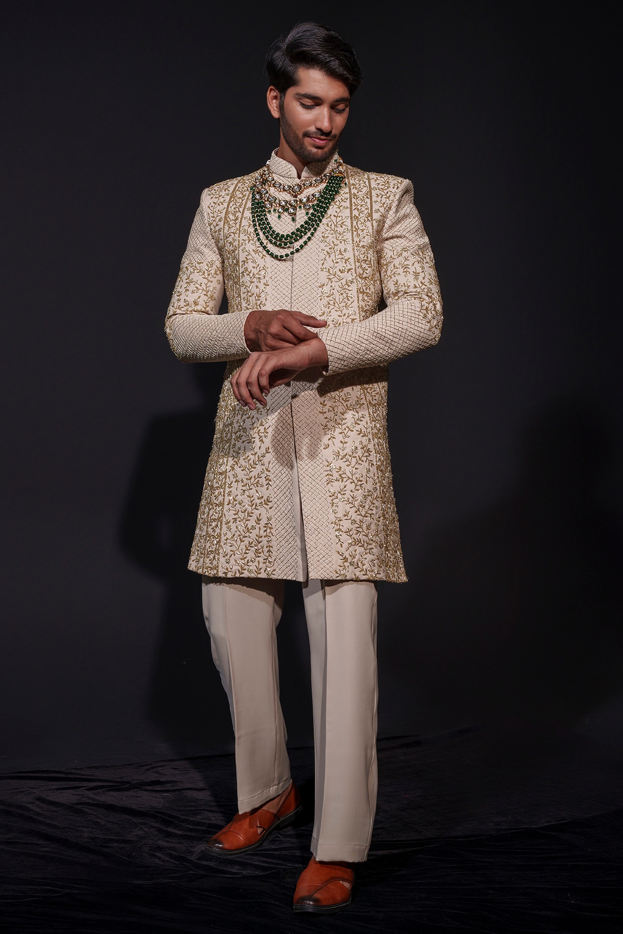 Niloufer by Aasif Ally Ivory & Gold Imported Lachka Zardosi Hand Embroidered Sherwani Set