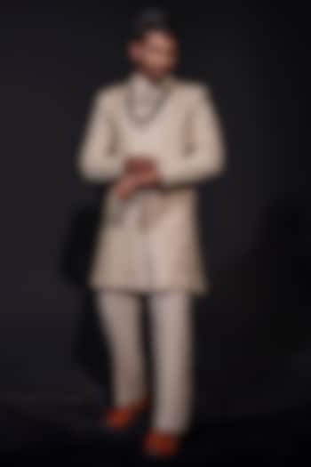 Ivory & Gold Imported Lachka Zardosi Hand Embroidered Groom Sherwani Set by Niloufer by Aasif Ally at Pernia's Pop Up Shop