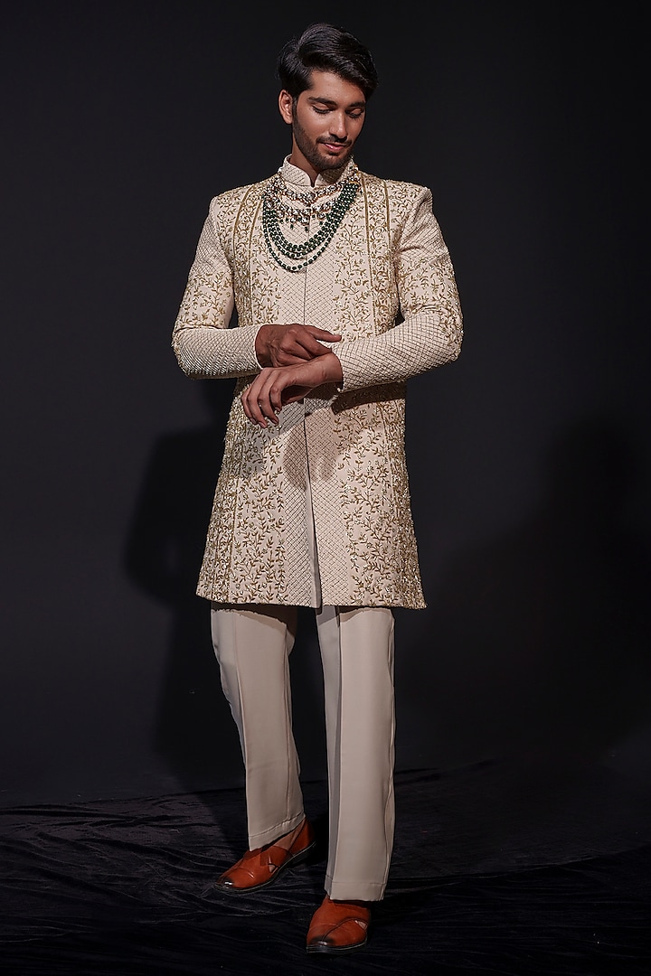 Ivory & Gold Imported Lachka Zardosi Hand Embroidered Groom Sherwani Set by Niloufer by Aasif Ally at Pernia's Pop Up Shop