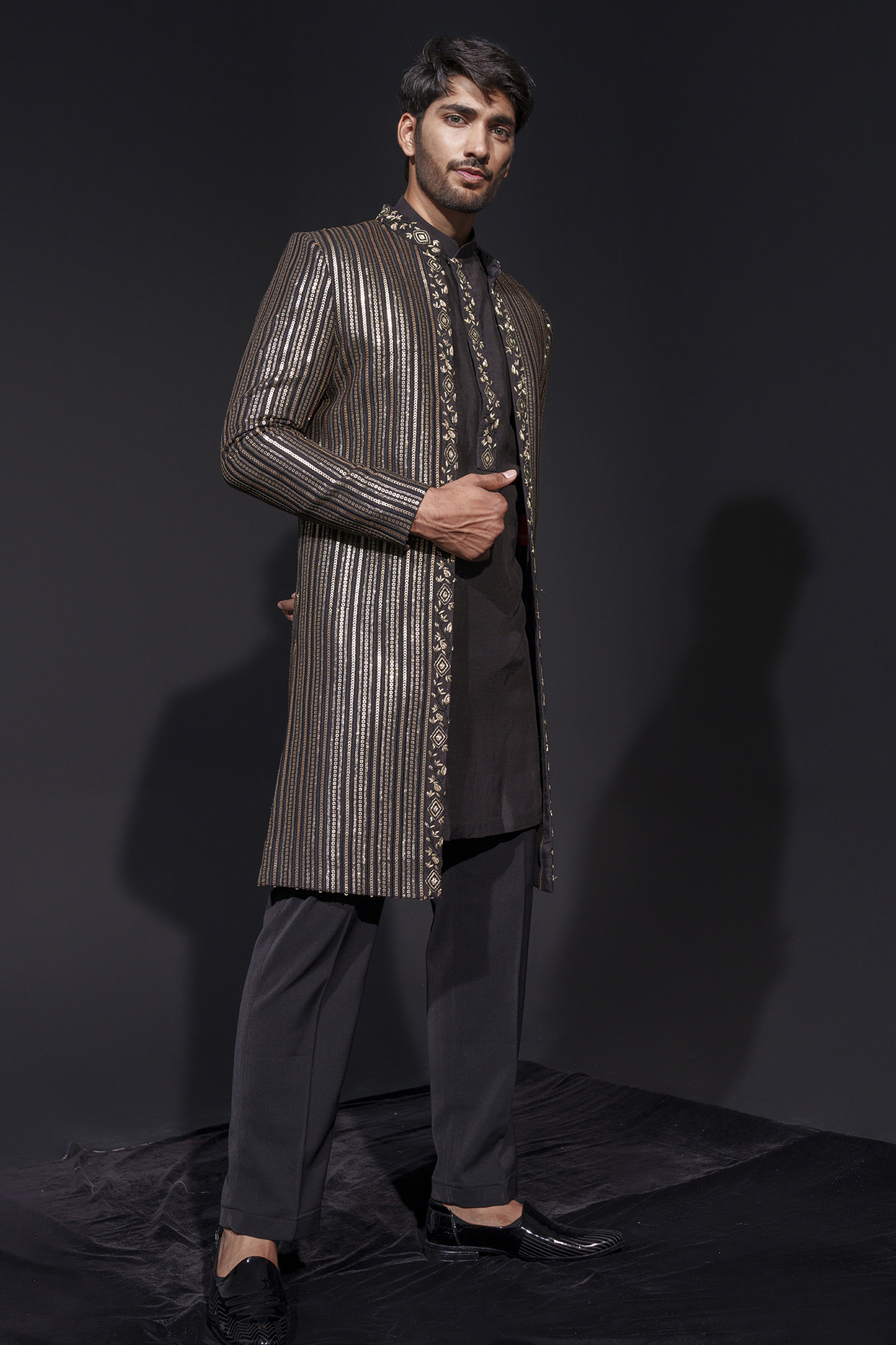 Black-Gold Georgette Sequins Work Indo-Western Set by Niloufer by Aasif Ally