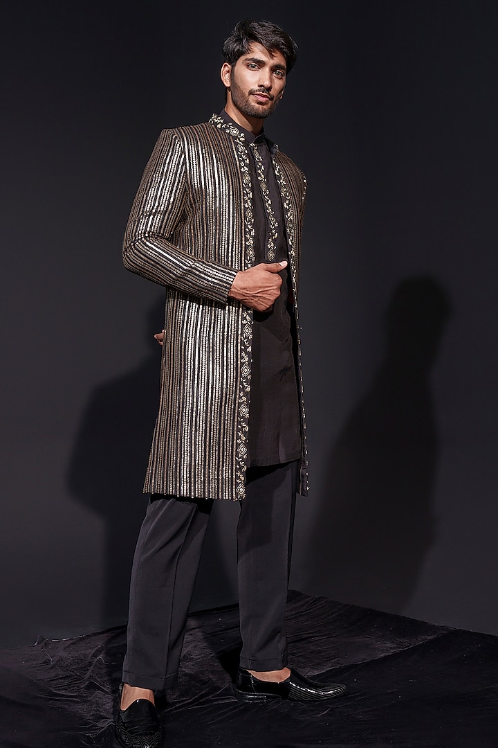 Black-Gold Georgette Sequins Work Indo-Western Set by Niloufer by Aasif Ally