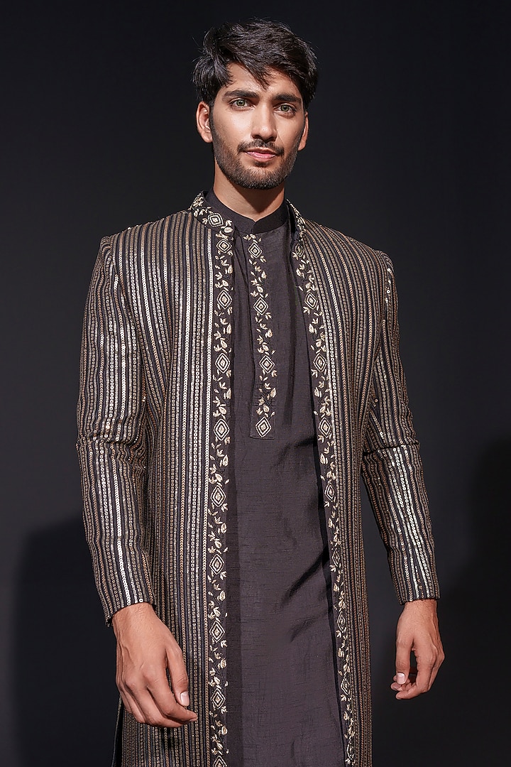Black-Gold Georgette Sequins Work Indo-Western Set by Niloufer by Aasif Ally Men at Pernia's Pop Up Shop