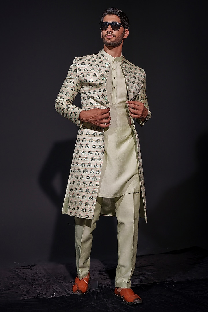 Light Green Silk Printed Sherwani Set by Niloufer by Aasif Ally