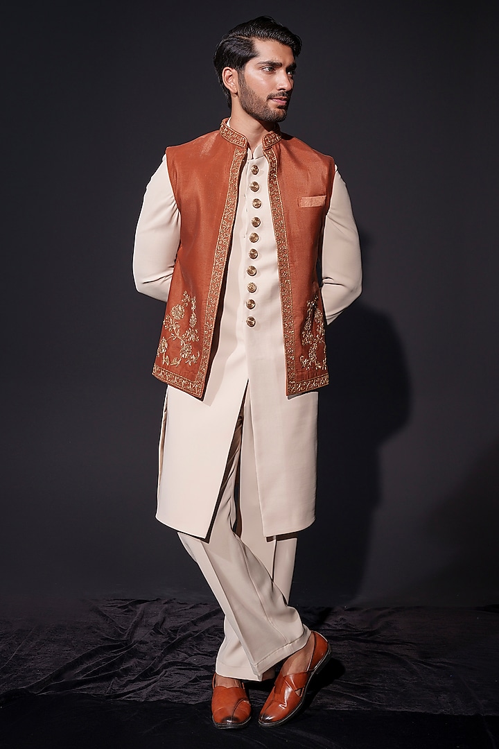 Rust Orange Velvet Zardosi Embroidered Waistcoat Set by Niloufer by Aasif Ally at Pernia's Pop Up Shop
