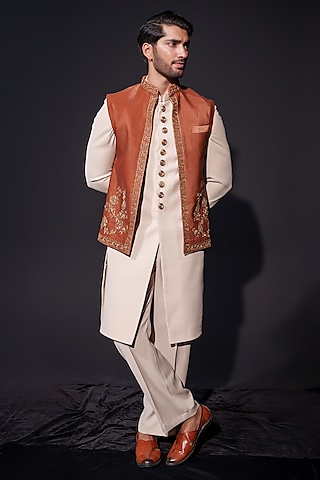 Rust Orange Velvet Zardosi Embroidered Waistcoat Set by Niloufer by Aasif Ally Men