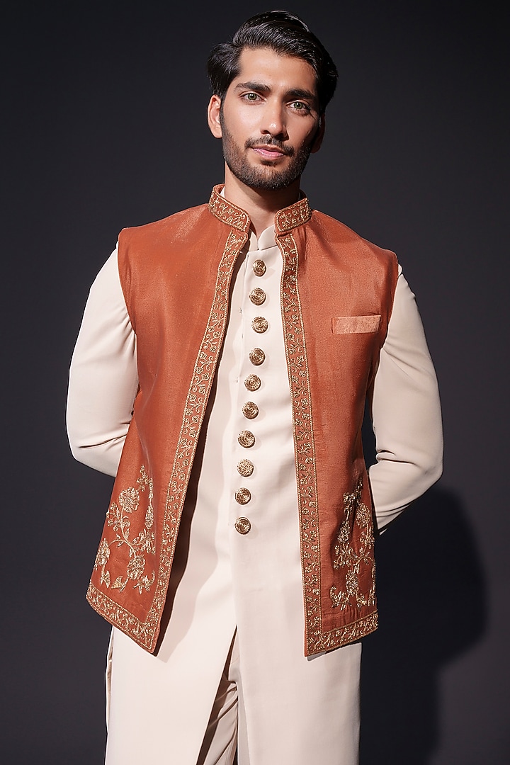 Rust Orange Velvet Zardosi Embroidered Waistcoat Set by Niloufer by Aasif Ally Men at Pernia's Pop Up Shop