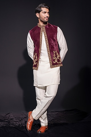 Deep Maroon Velvet Zardosi Embroidered Waistcoat Set by Niloufer by Aasif Ally Men