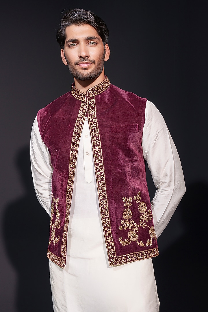 Deep Maroon Velvet Zardosi Embroidered Waistcoat Set by Niloufer by Aasif Ally Men at Pernia's Pop Up Shop