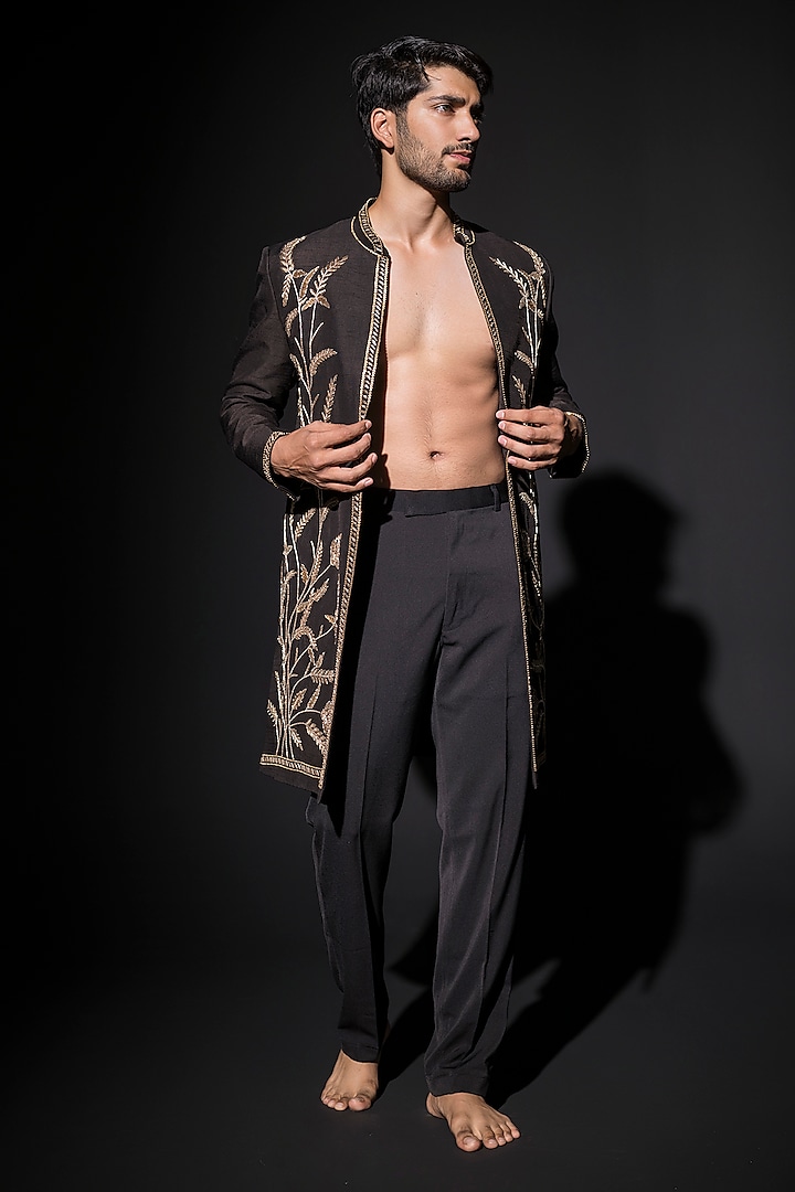 Black-Gold Banana Crepe Zardosi Hand Embroidered Indo-Western Set by Niloufer by Aasif Ally