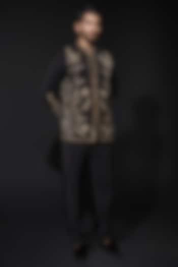 Black-Gold Banana Crepe Zardosi Hand Embroidered Jodhpuri Set by Niloufer by Aasif Ally Men at Pernia's Pop Up Shop