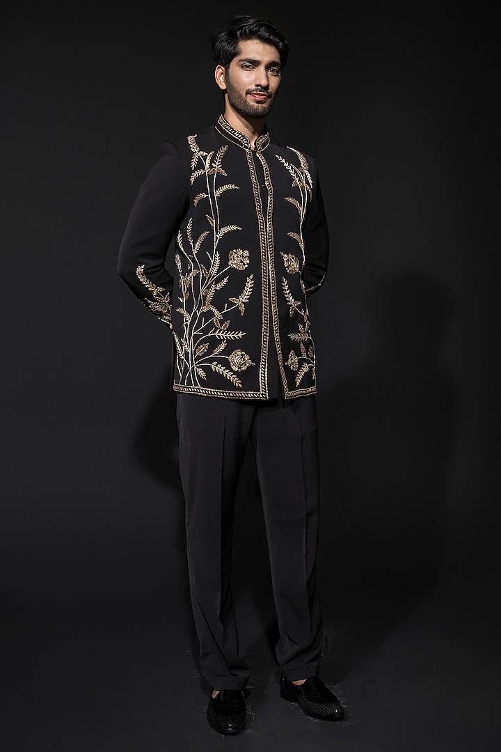 Black-Gold Banana Crepe Zardosi Hand Embroidered Jodhpuri Set by Niloufer by Aasif Ally Men at Pernia's Pop Up Shop