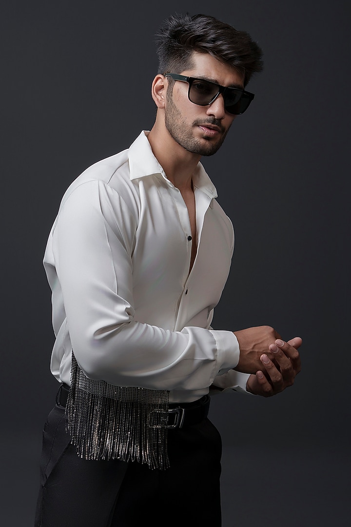 White Crepe Hand Embroidered Party Wear Shirt by Niloufer by Aasif Ally Men at Pernia's Pop Up Shop