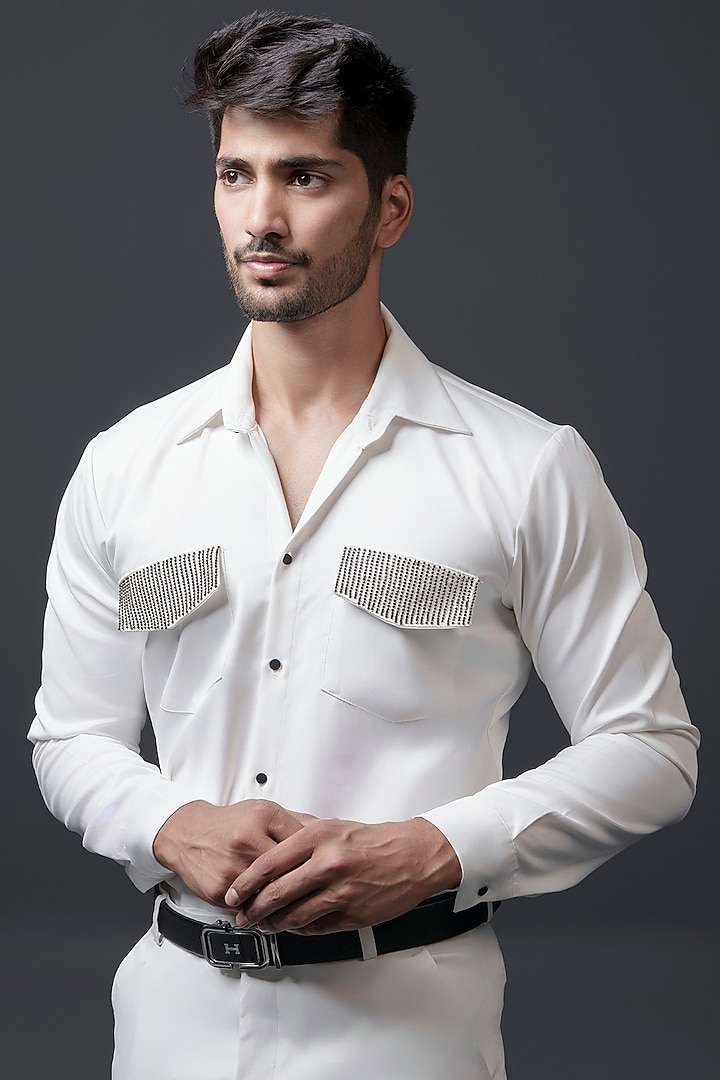White Crepe Hand Embroidered Party Wear Shirt by Niloufer by Aasif Ally Men at Pernia's Pop Up Shop