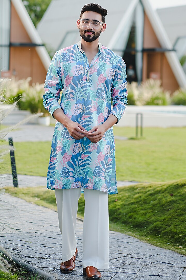 Sea Green Linen Silk Printed & Embroidered Kurta Set by Niloufer by Aasif Ally at Pernia's Pop Up Shop