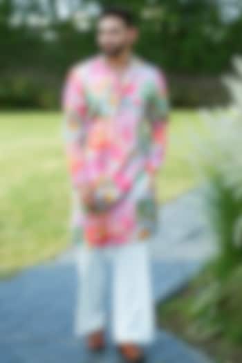 Pink Linen Silk Printed & Embroidered Kurta Set by Niloufer by Aasif Ally at Pernia's Pop Up Shop