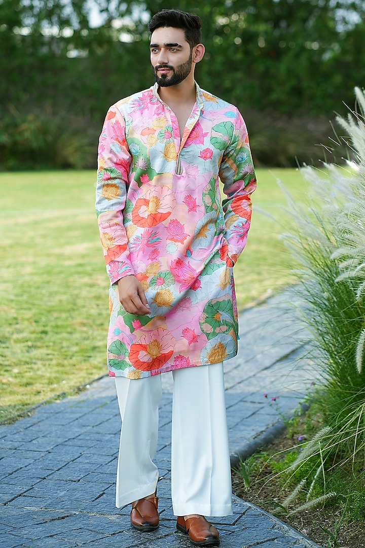 Pink Linen Silk Printed & Embroidered Kurta Set by Niloufer by Aasif Ally at Pernia's Pop Up Shop