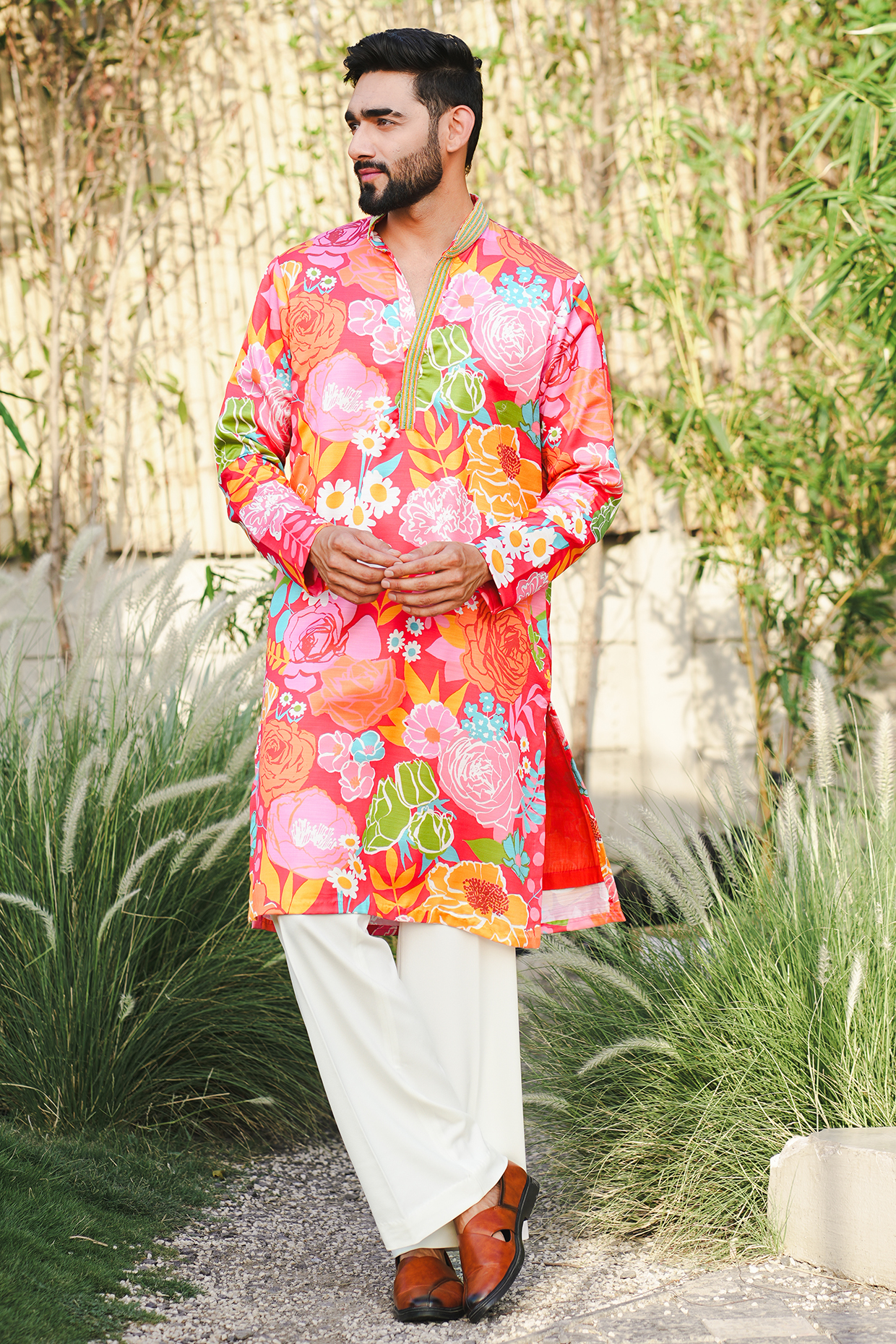 Red Linen Silk Printed & Embroidered Kurta Set by Niloufer by Aasif Ally at Pernia's Pop Up Shop