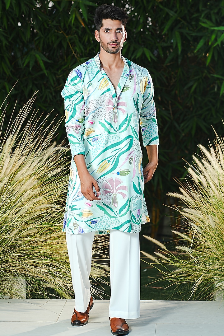 Green Linen Silk Printed & Embroidered Kurta Set by Niloufer by Aasif Ally at Pernia's Pop Up Shop