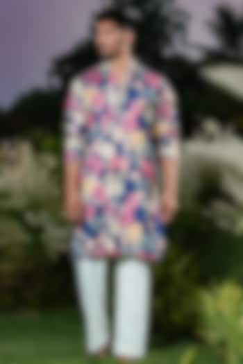 Blue Linen Silk Printed & Embroidered Kurta Set by Niloufer by Aasif Ally at Pernia's Pop Up Shop
