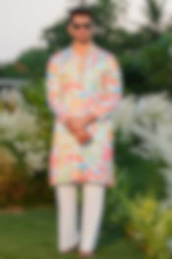 Green Linen Silk Printed & Embroidered Kurta Set by Niloufer by Aasif Ally at Pernia's Pop Up Shop