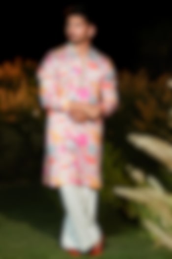Peach Linen Silk Printed & Embroidered Kurta Set by Niloufer by Aasif Ally