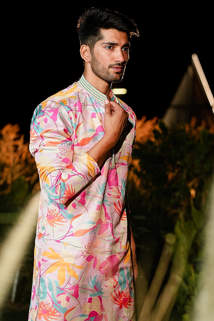 Peach Linen Silk Printed & Embroidered Kurta Set by Niloufer by Aasif Ally Men at Pernia's Pop Up Shop