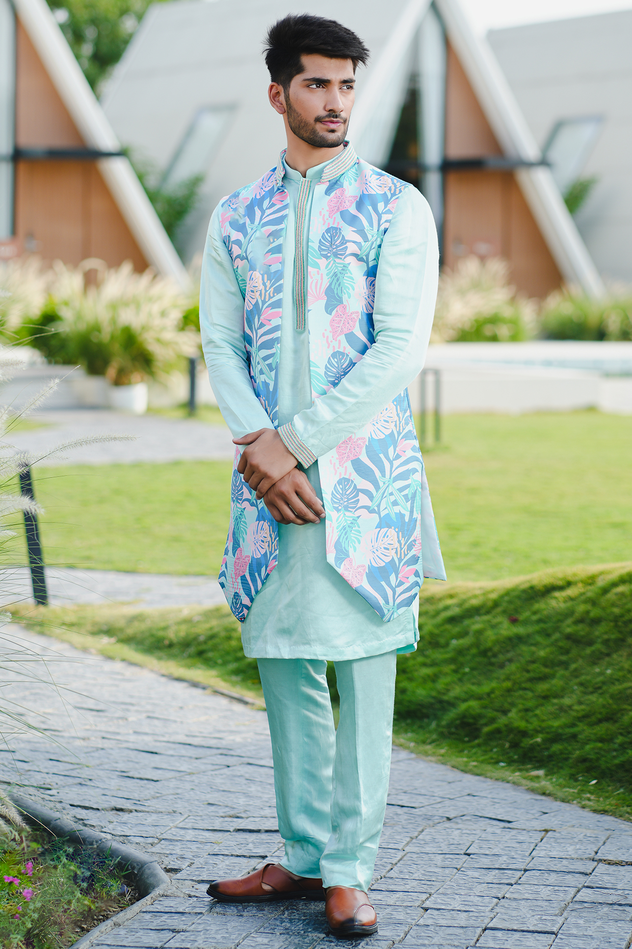 Sea Green Linen Silk Printed & Embroidered Indowestern Set by Niloufer by Aasif Ally at Pernia's Pop Up Shop