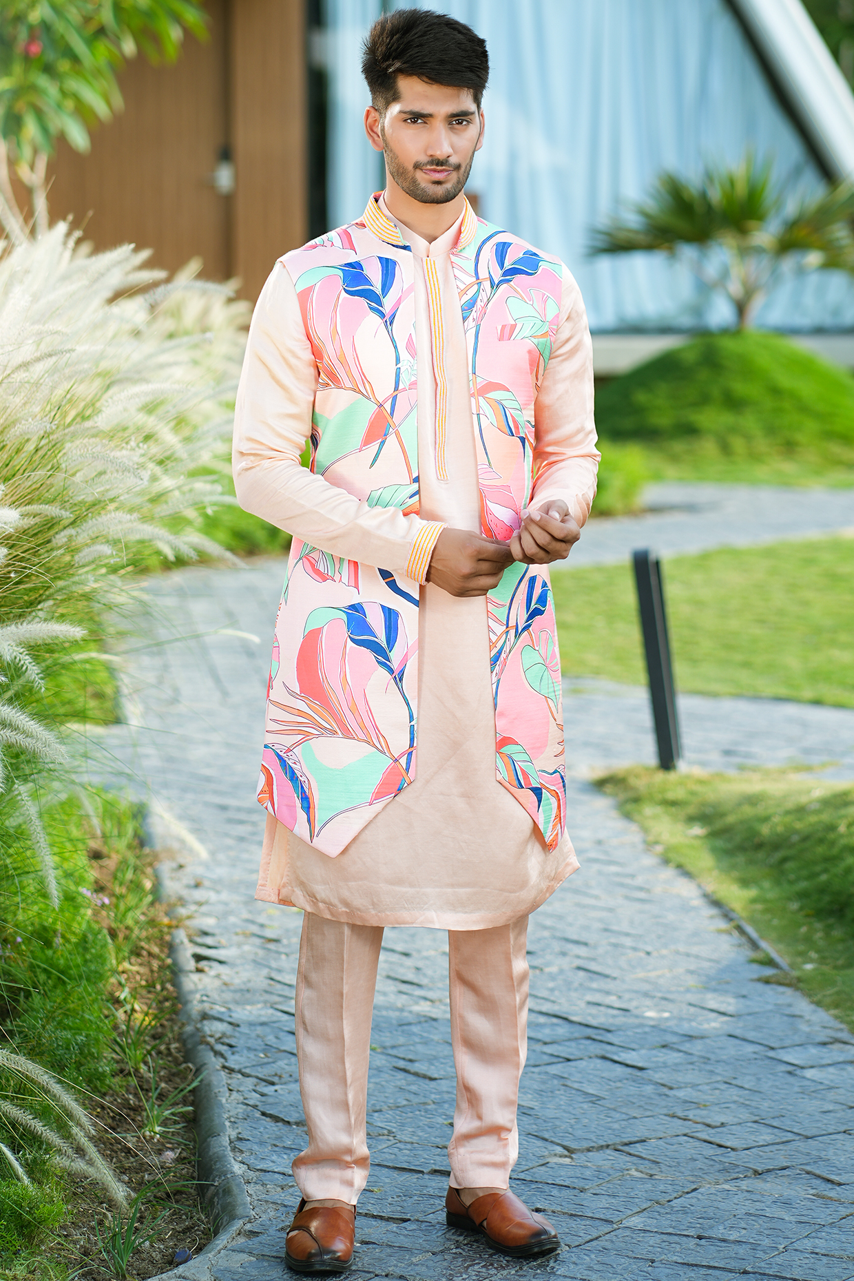 Peach Linen Silk Printed & Embroidered Indowestern Set by Niloufer by Aasif Ally at Pernia's Pop Up Shop