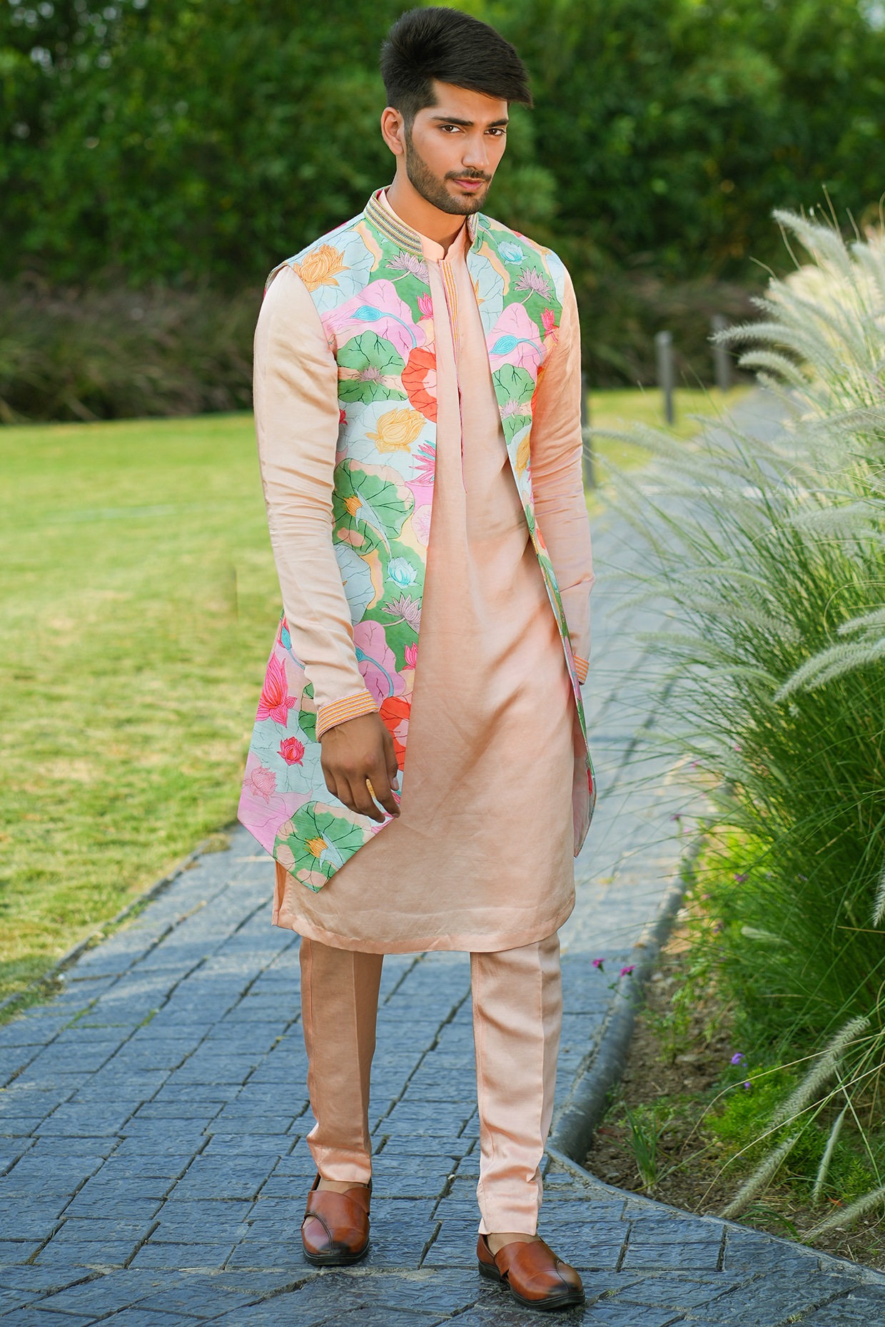 Orange Linen Silk Printed & Embroidered Indowestern Set by Niloufer by Aasif Ally at Pernia's Pop Up Shop
