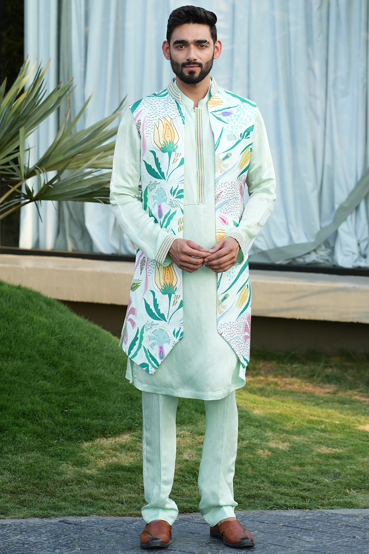Green Linen Silk Printed & Embroidered Indowestern Set by Niloufer by Aasif Ally at Pernia's Pop Up Shop