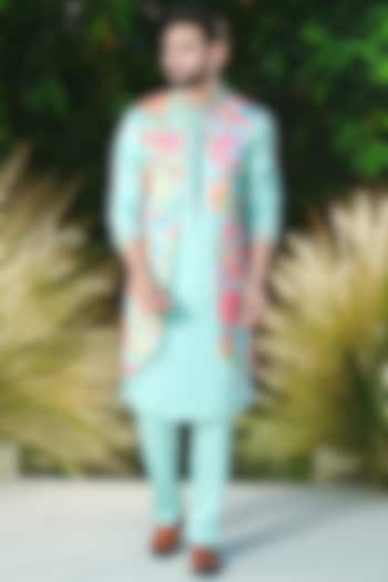Green Linen Silk Printed & Embroidered Indowestern Set by Niloufer by Aasif Ally