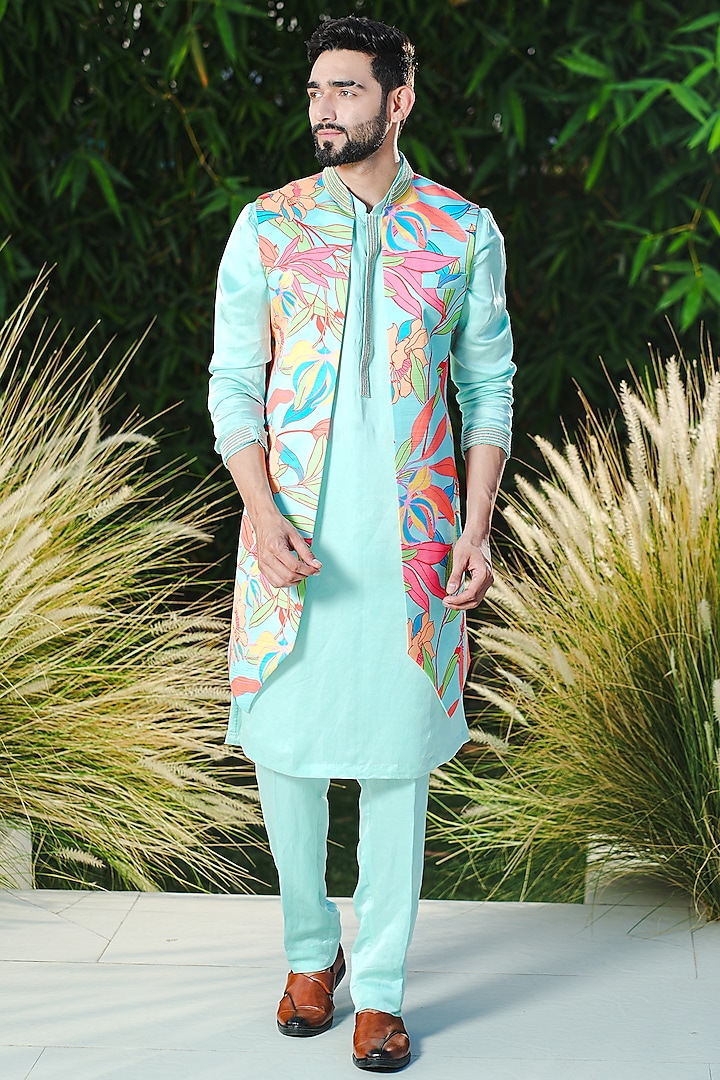 Green Linen Silk Printed & Embroidered Indowestern Set by Niloufer by Aasif Ally