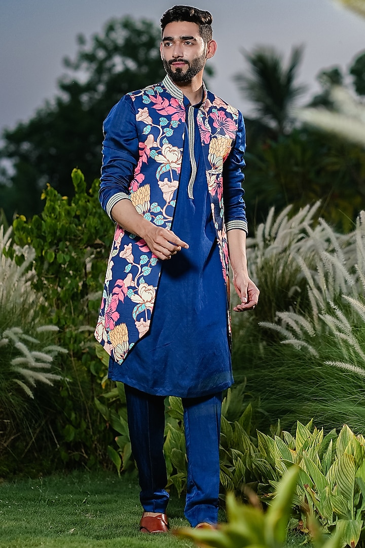 Blue Linen Silk Printed & Embroidered Indowestern Set by Niloufer by Aasif Ally