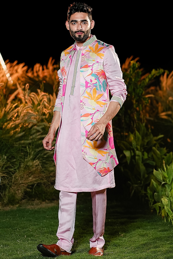 Pink Linen Silk Printed & Embroidered Indowestern Set by Niloufer by Aasif Ally