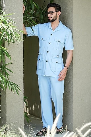 Blue Knitted Cotton Co-Ord Set by Niloufer by Aasif Ally Men