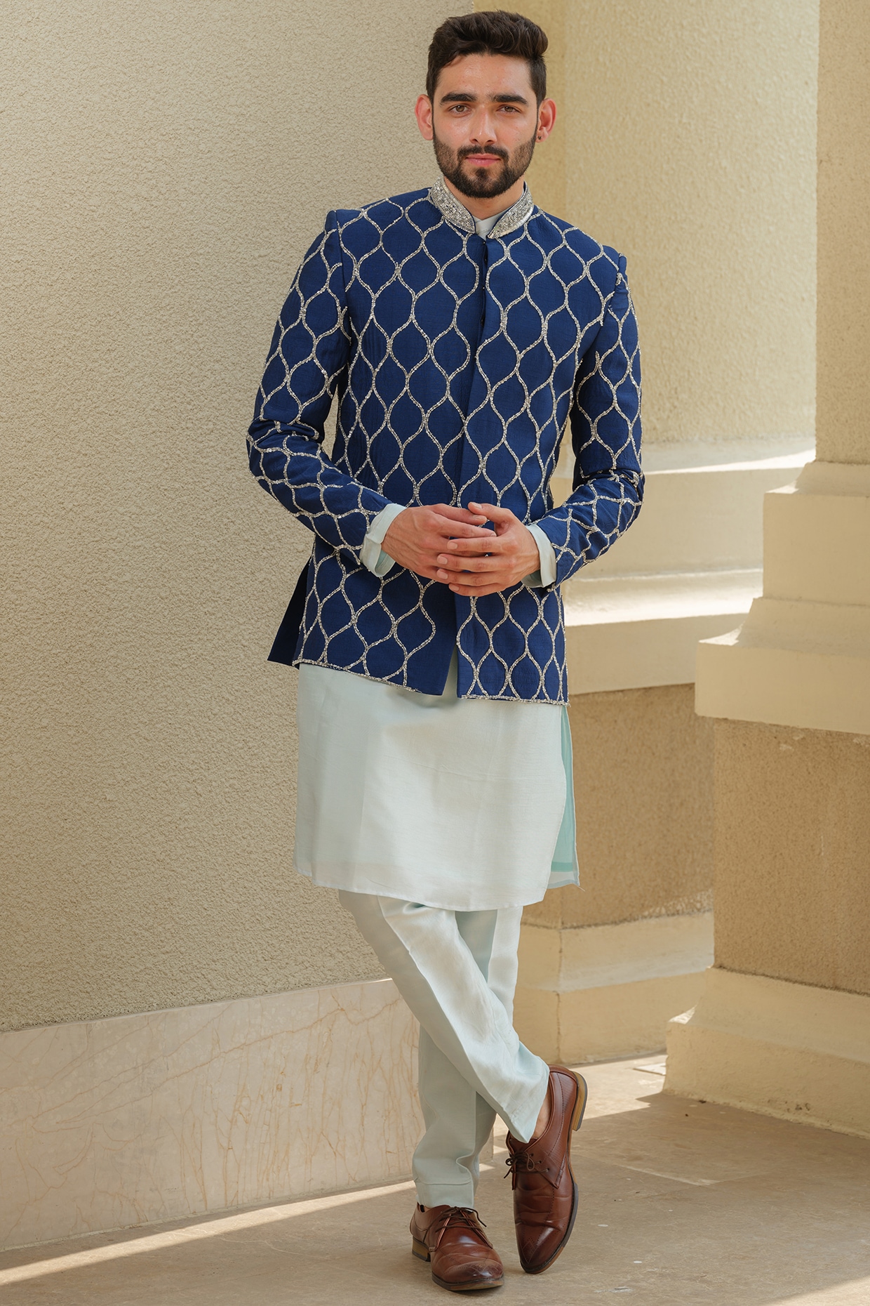 Niloufer by Aasif Ally Blue Silk Embroidered Jodhpuri Set