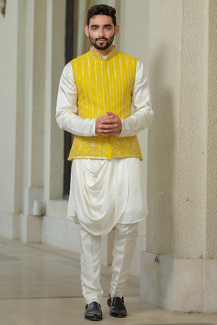 Yellow Silk Embroidered Nehru Jacket Set by Niloufer by Aasif Ally