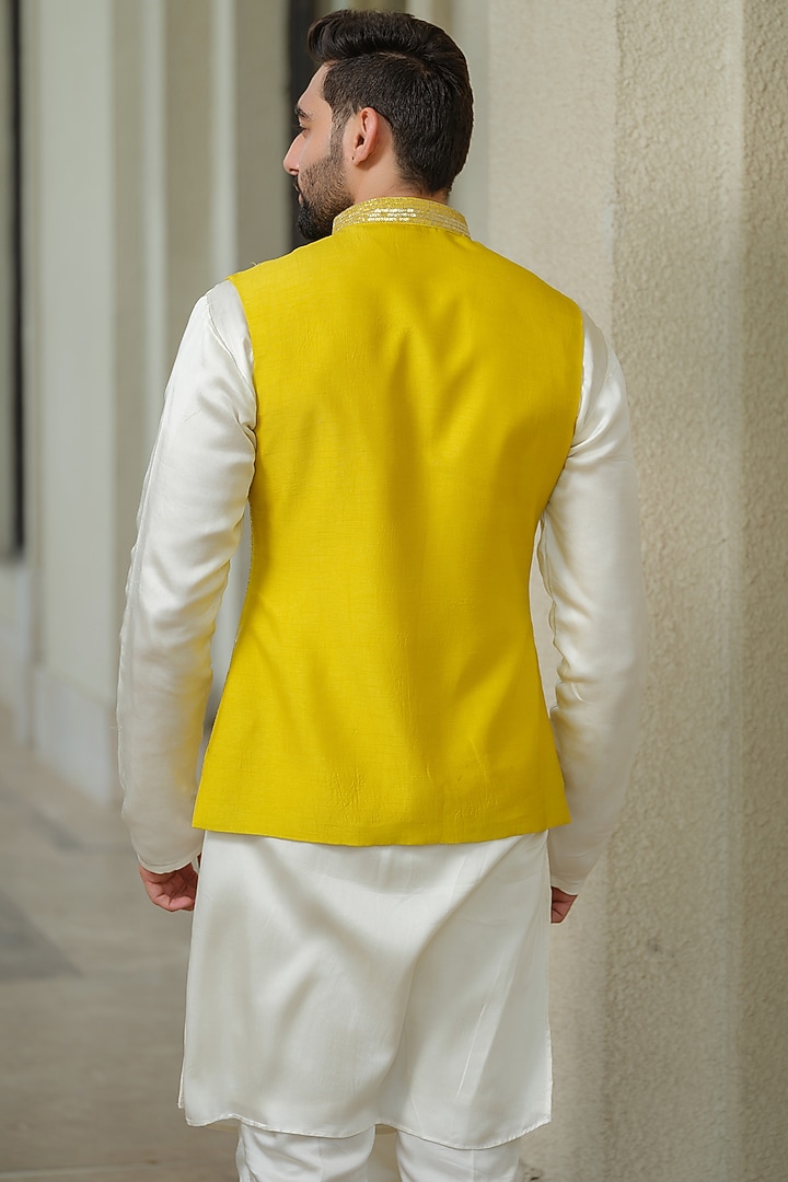 Yellow Silk Embroidered Nehru Jacket Set by Niloufer by Aasif Ally Men at Pernia's Pop Up Shop