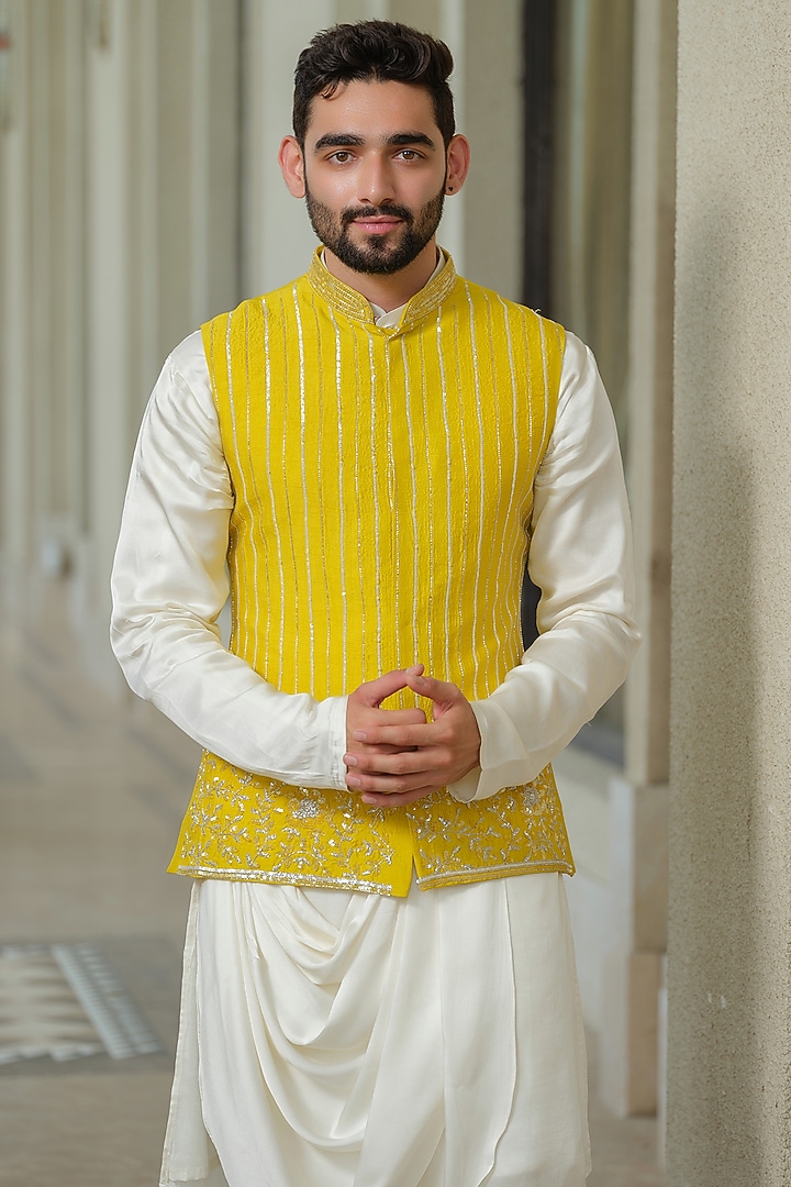 Yellow Silk Embroidered Nehru Jacket Set by Niloufer by Aasif Ally Men at Pernia's Pop Up Shop