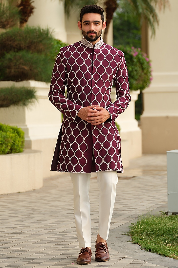 Maroon Silk Embroidered Sherwani Set by Niloufer by Aasif Ally