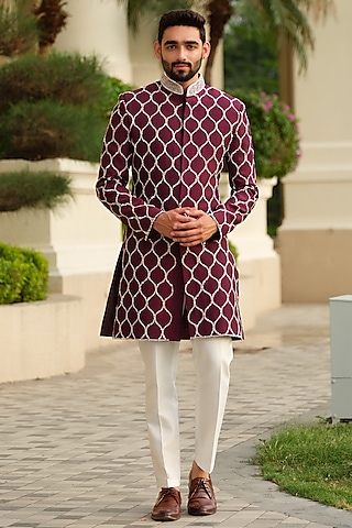 Maroon Silk Embroidered Sherwani Set by Niloufer by Aasif Ally Men