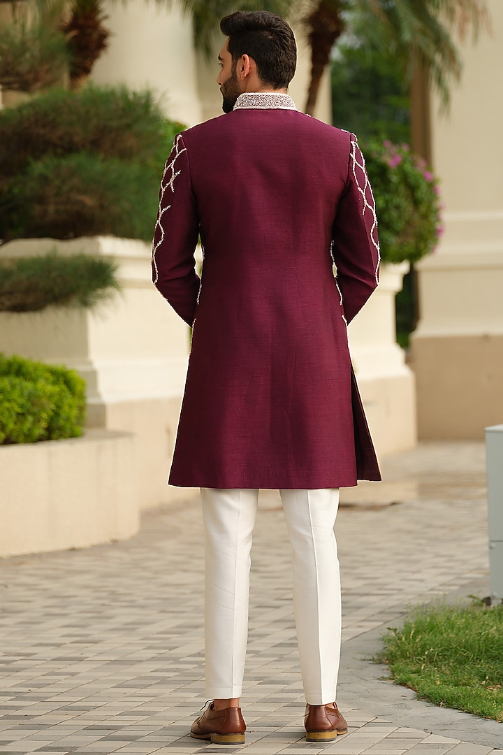 Maroon Silk Embroidered Wedding Sherwani Set by Niloufer by Aasif Ally Men at Pernia's Pop Up Shop