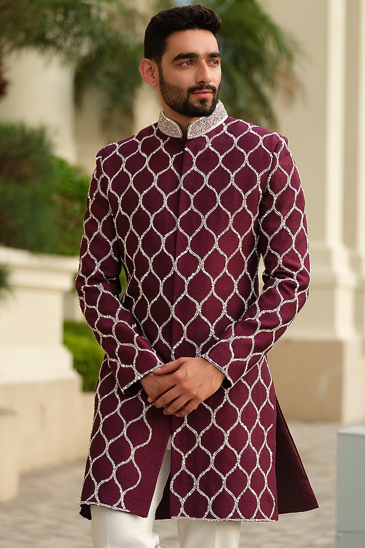Maroon Silk Embroidered Wedding Sherwani Set by Niloufer by Aasif Ally Men at Pernia's Pop Up Shop