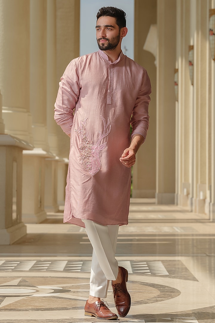Pink Silk Embroidered Kurta Set by Niloufer by Aasif Ally