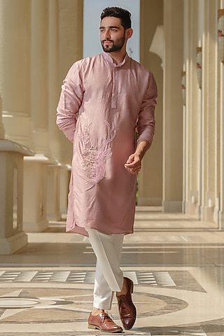 Pink Silk Embroidered Kurta Set by Niloufer by Aasif Ally Men