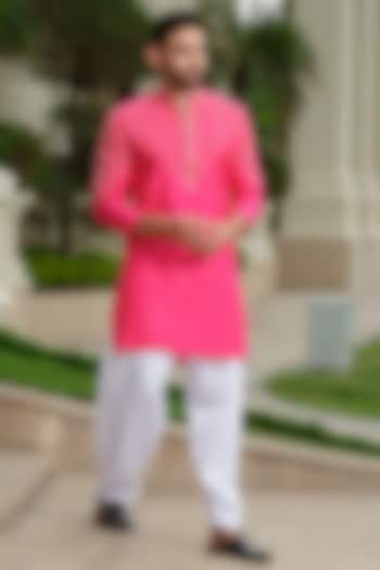 Fuchsia Pink Silk Embroidered Kurta Set by Niloufer by Aasif Ally