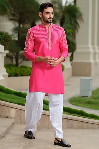 Fuchsia Pink Silk Embroidered Kurta Set by Niloufer by Aasif Ally Men